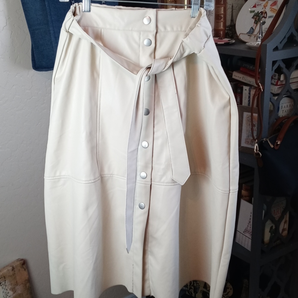 Cream Button-Front Midi Skirt with Waist Tie